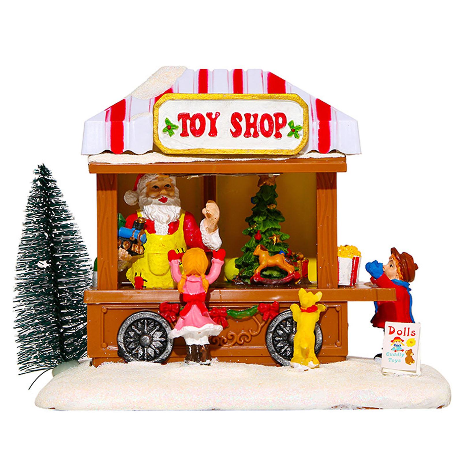 Christmas Lighted Musical Decoration Resin Christmas Popcorn Wagon Scene Figurine For Christmas Indoor Decorations