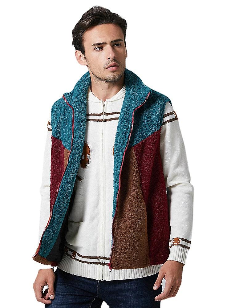 Men's Contrasting Patchwork Plush Sleeveless Zipper Teddy Vests