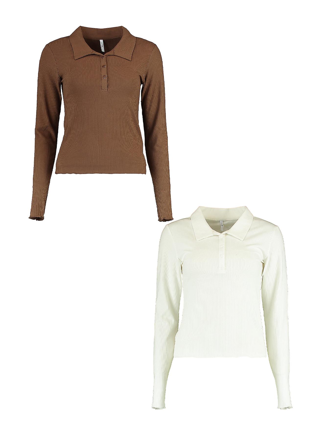 HAILYS Damen Shirt 2er-Set lässiges Langarm Poloshirt Rippoptik Knopfleiste Pullover