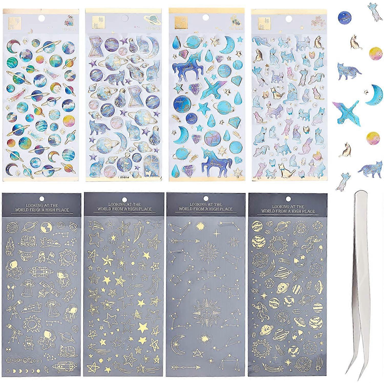 8 Sheets 3D Planner Stickers Cute Space Stickers Colorful Planet Star Unicorn Cat Decals Self-Adhesive Resin Stickers for Calendar Scrapbook Journal P