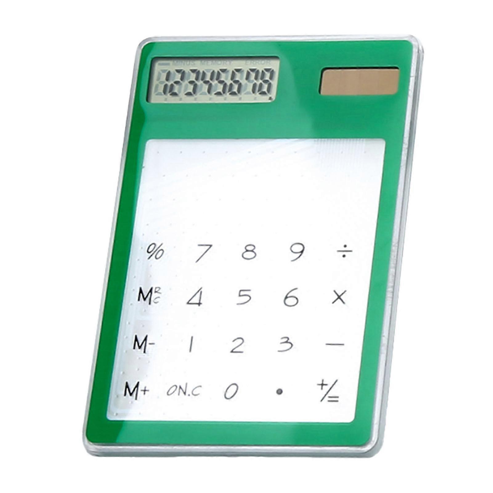 Solar Powered Calculator Touch Screen 8 Digit LCD Display Portable Transparent Calculator for Office School Home Green