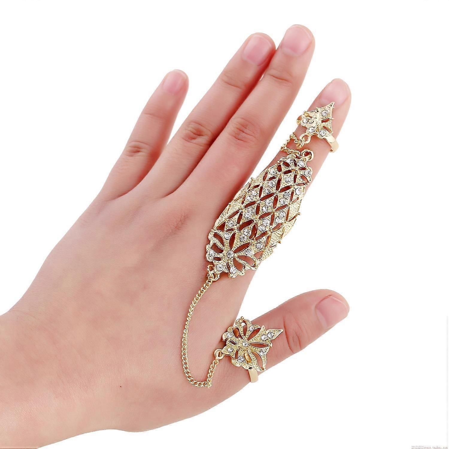 Open ring, embedded with rhinestone alloy gold hollow leaf two-finger chain date ring