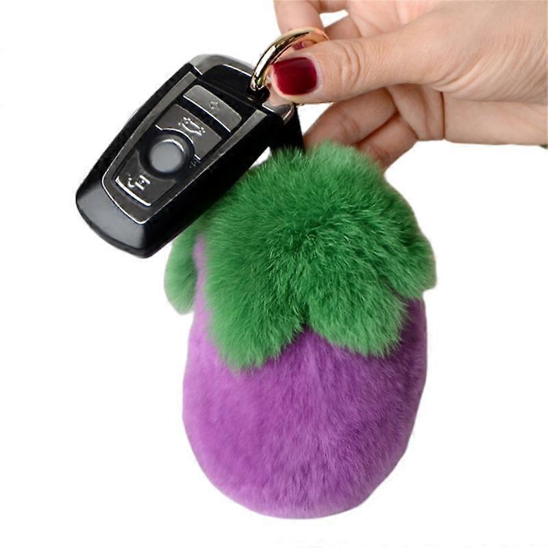 MIMIGO Rabbit Fur Fuzzy Plush Ball Keychain Soft Furry Cute Pom Pom Key Ring for Women eggplant