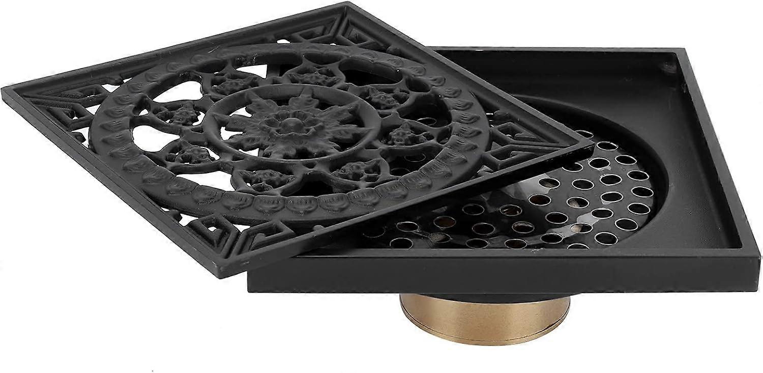 External Floor Drain, 10 * 10cm All Copper Bathroom Floor Drain Black Invisible Floor Drain Anti-Odor Vintage Pattern Floor Drain Cover for Shower Kit