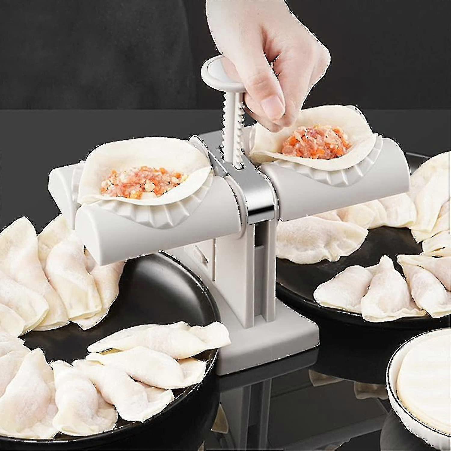 Dobbelthoved automatisk dumpling maskine husstand dobbelt hoved rustfrit stål manuel dumpling maker skimmelsvamp Gør dumplings Empanadas hurtigt