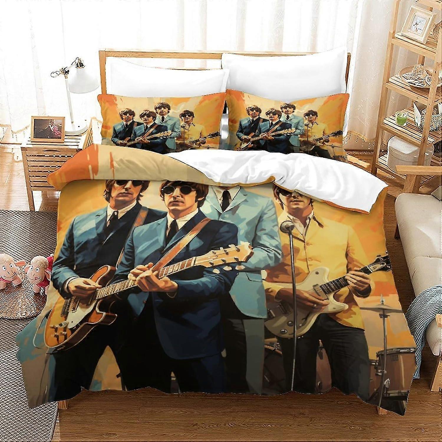 o2848 Lençóis The Beatles Conjunto de capa de edredom de cama Microfibra macia Conjunto de cama de banda de rock Conjunto de capa de colcha com fecho de zíper e fronhas para Ki