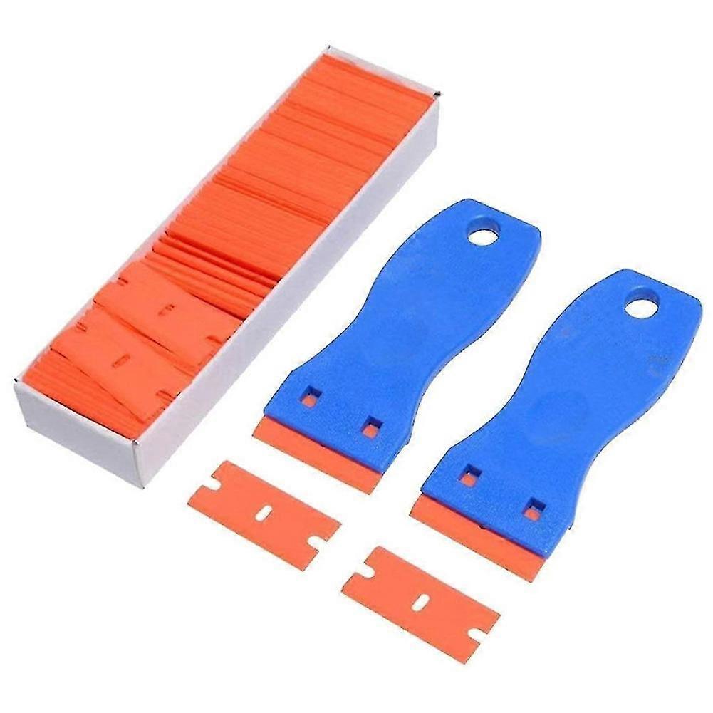 2pcs Plastic Razors Scraper With 100 Pcs Scraper Head Durable Flexible Window Squeegee For Car Home Glass Clean