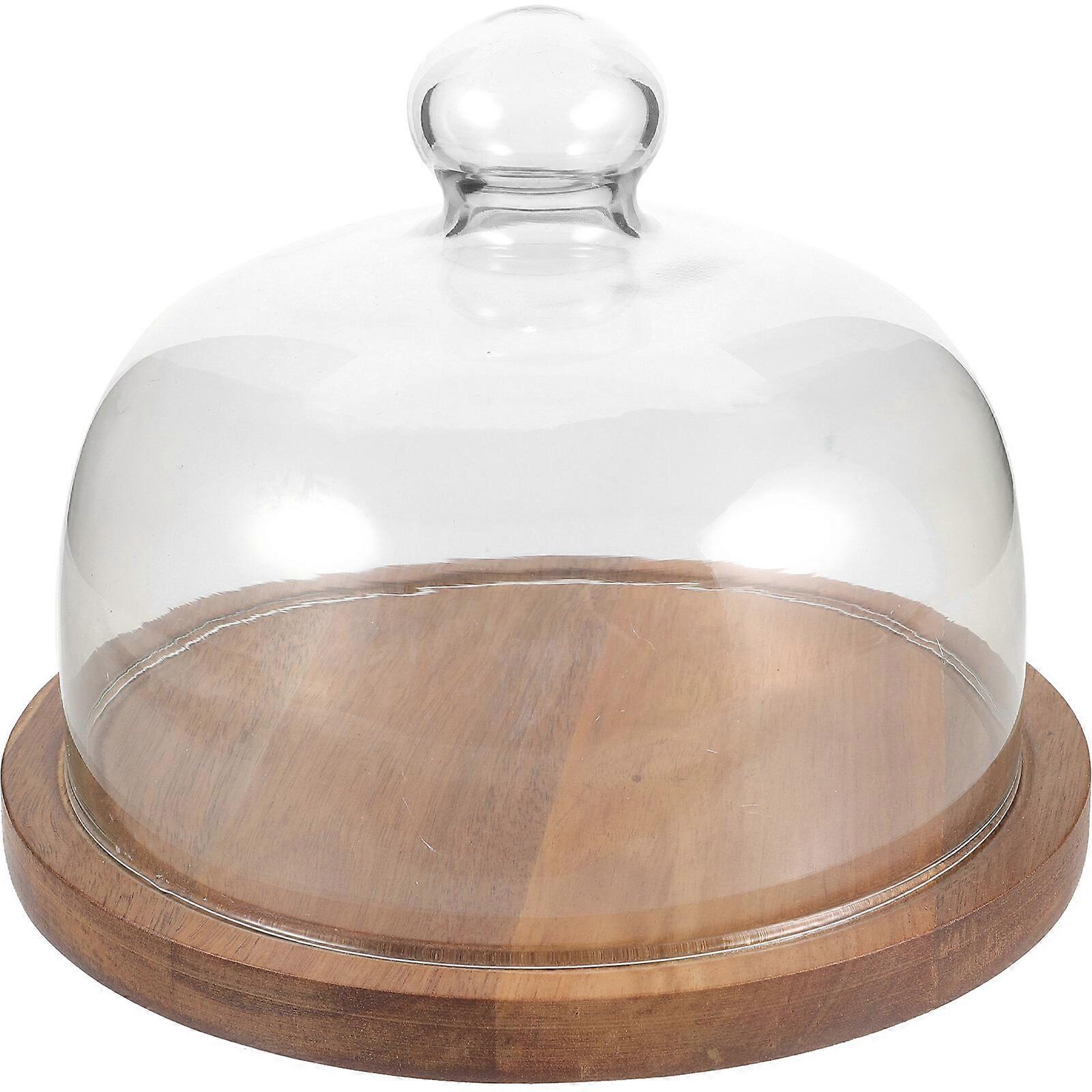 1 Set of Cake Tray with Glass Lid Cupcake Stand Wooden Cake Display Stand Covered Dessert Holder
