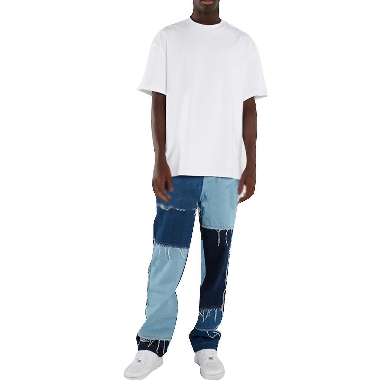 Moda Patchwork Denim Pantolon Erkek Düz Pantolon