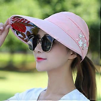 Women's Pink Sun Visor Hat with Large Brim for Summer UV Protection - Foldable and Lightweight Cotton Beach Cap