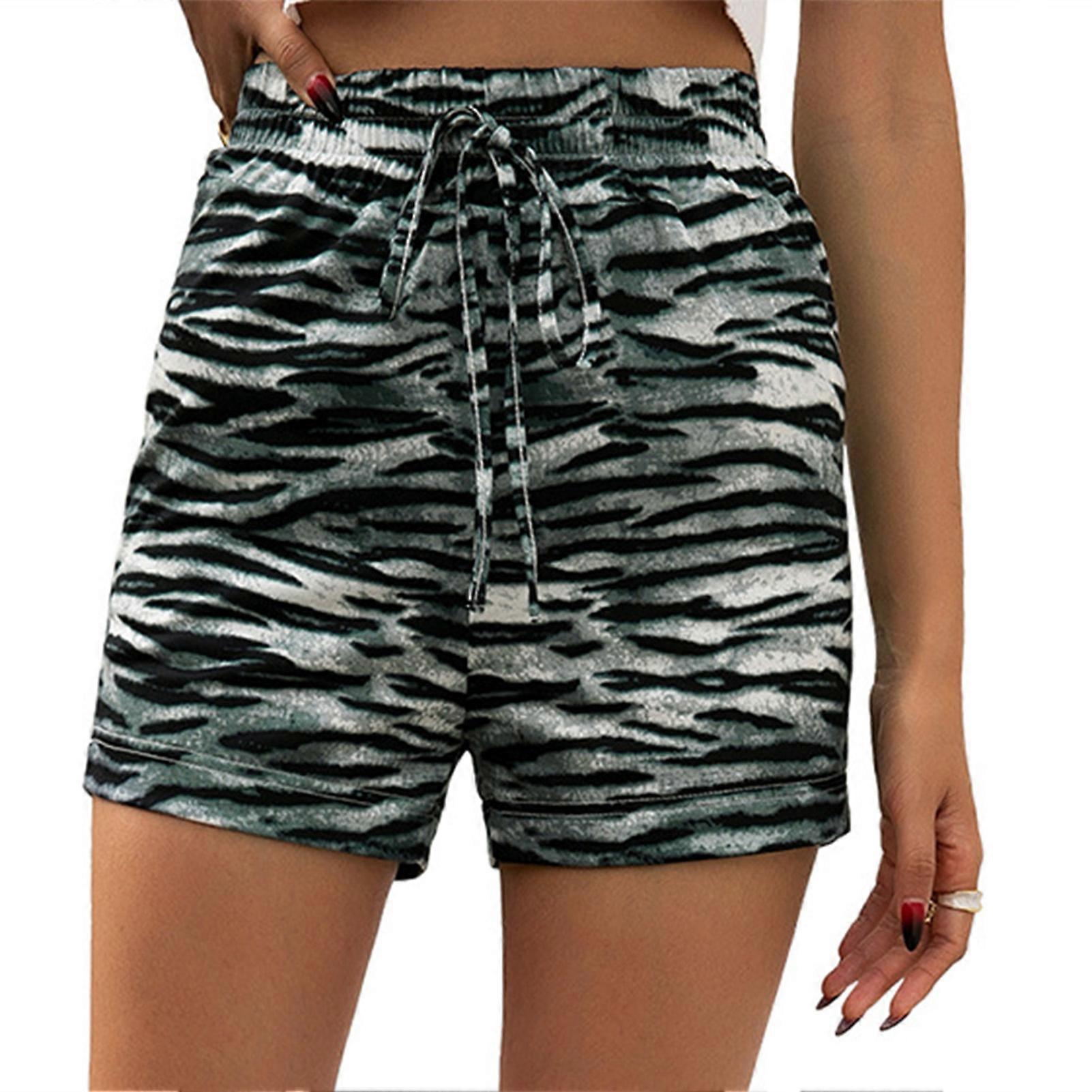 Leopard Print Drawstring Shorts Elastic High Waist Women Home Shorts for Summer Wearing Gray M