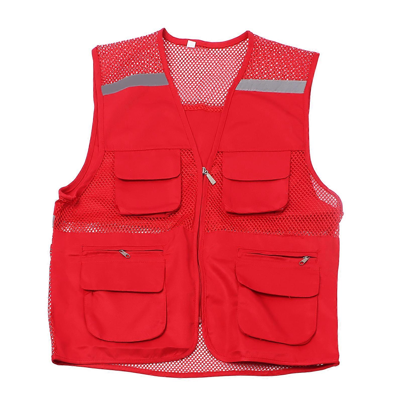 Working Vest Breathable Mesh Multi Pockets Zipper Front Safety Vest with Reflective Stripes