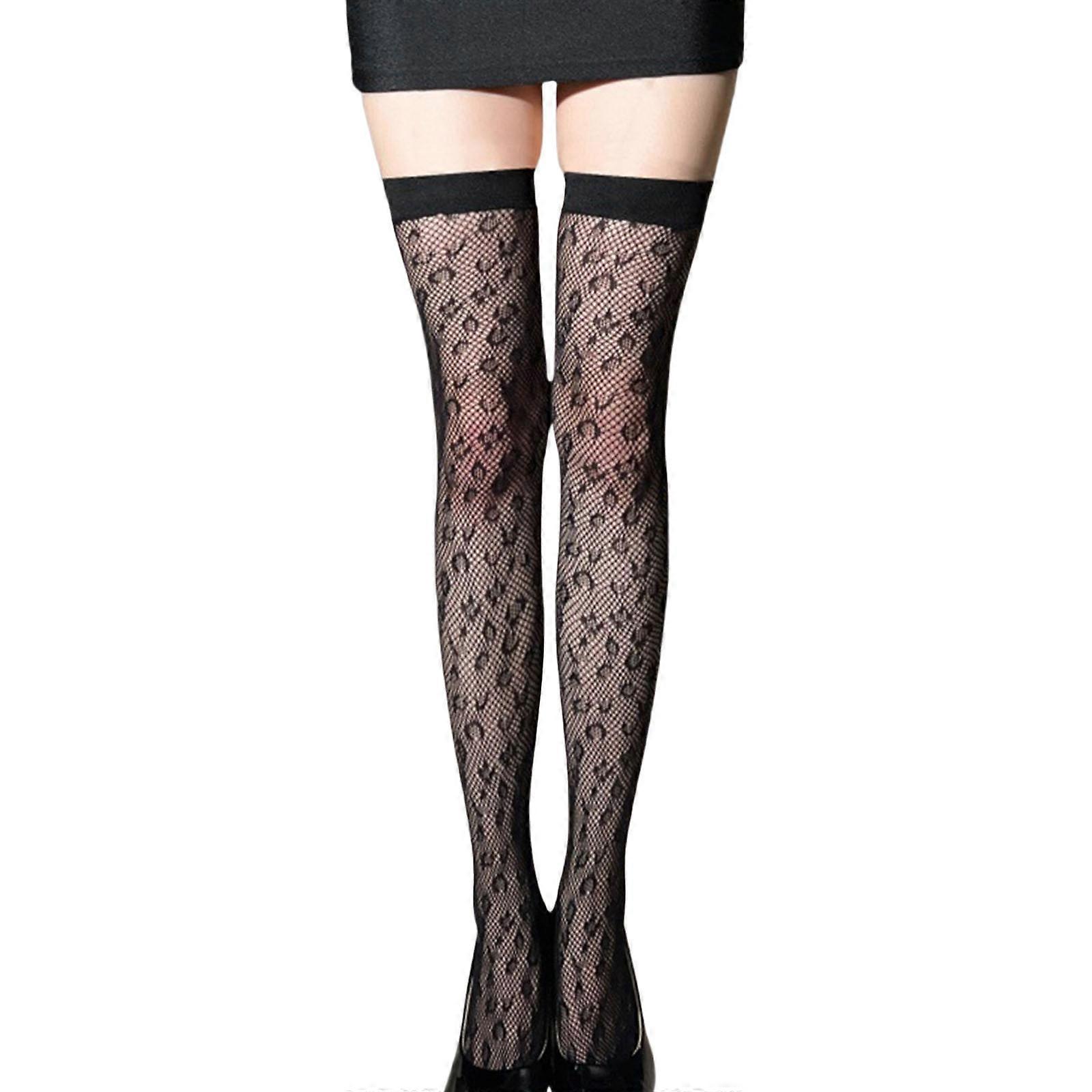 Women's Over the Knee Fishnet Stockings with Leopard Print and Wide Band Top Black Sheer Mesh Thigh High Long Socks  Black