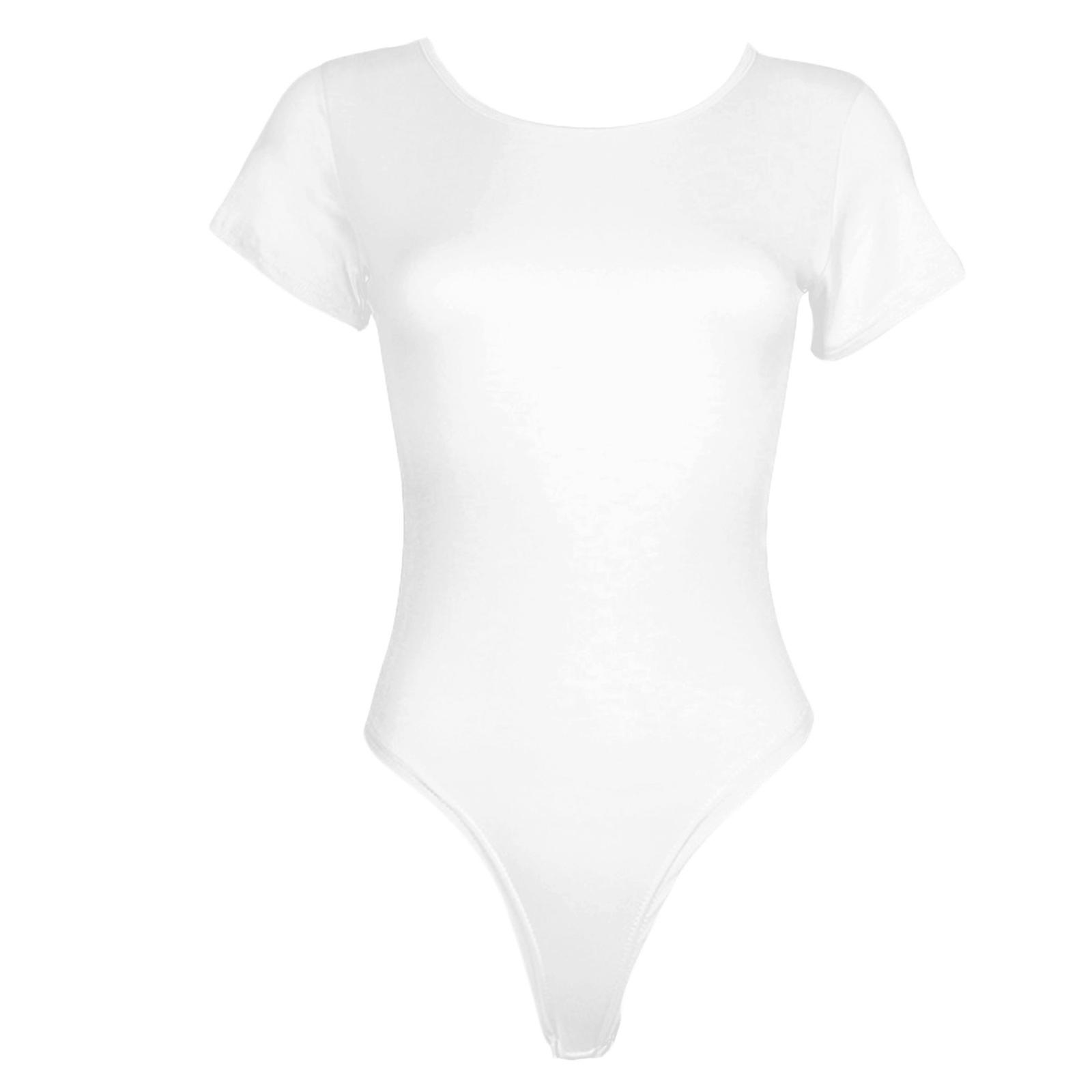 Womens Summer Round Neck Bodycon Bodysuit Top Short Sleeve Basic Solid Color Slim-Fit Thongs Jumpsuits Romper T-Shirts  White XL