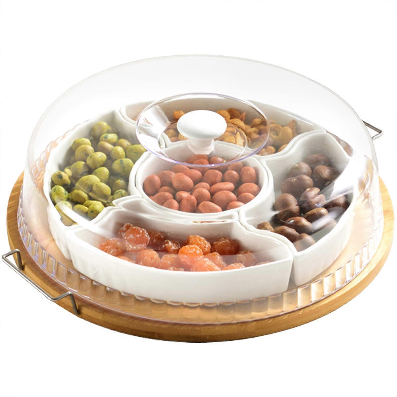 Ceramic Divided Serving Dishes Platter with Clear Lid, 11 Inch Bamboo Tray with 5 Removable Snack Bowls and Handles for Appetizers
