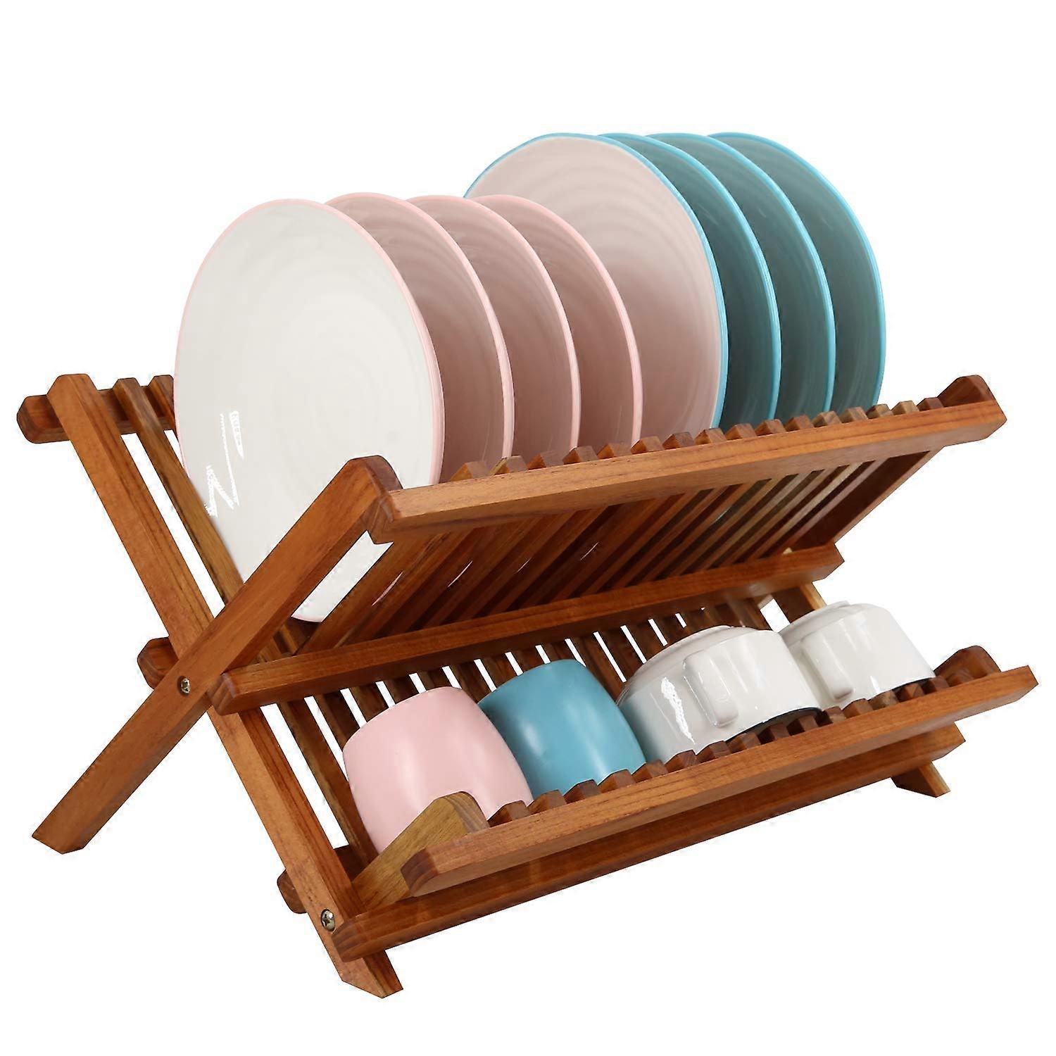 Collapsible 2 Tier Foldable Compact Dish Drainer Rack for Kitchen