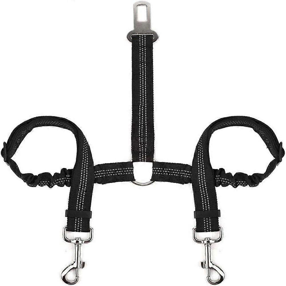 Double Dog Seat Belt, Double Pet Seat Belt Adjustable with Elastic Bungee and Reflective Strip No Tangle Seat Belt Splitter in Vehicle