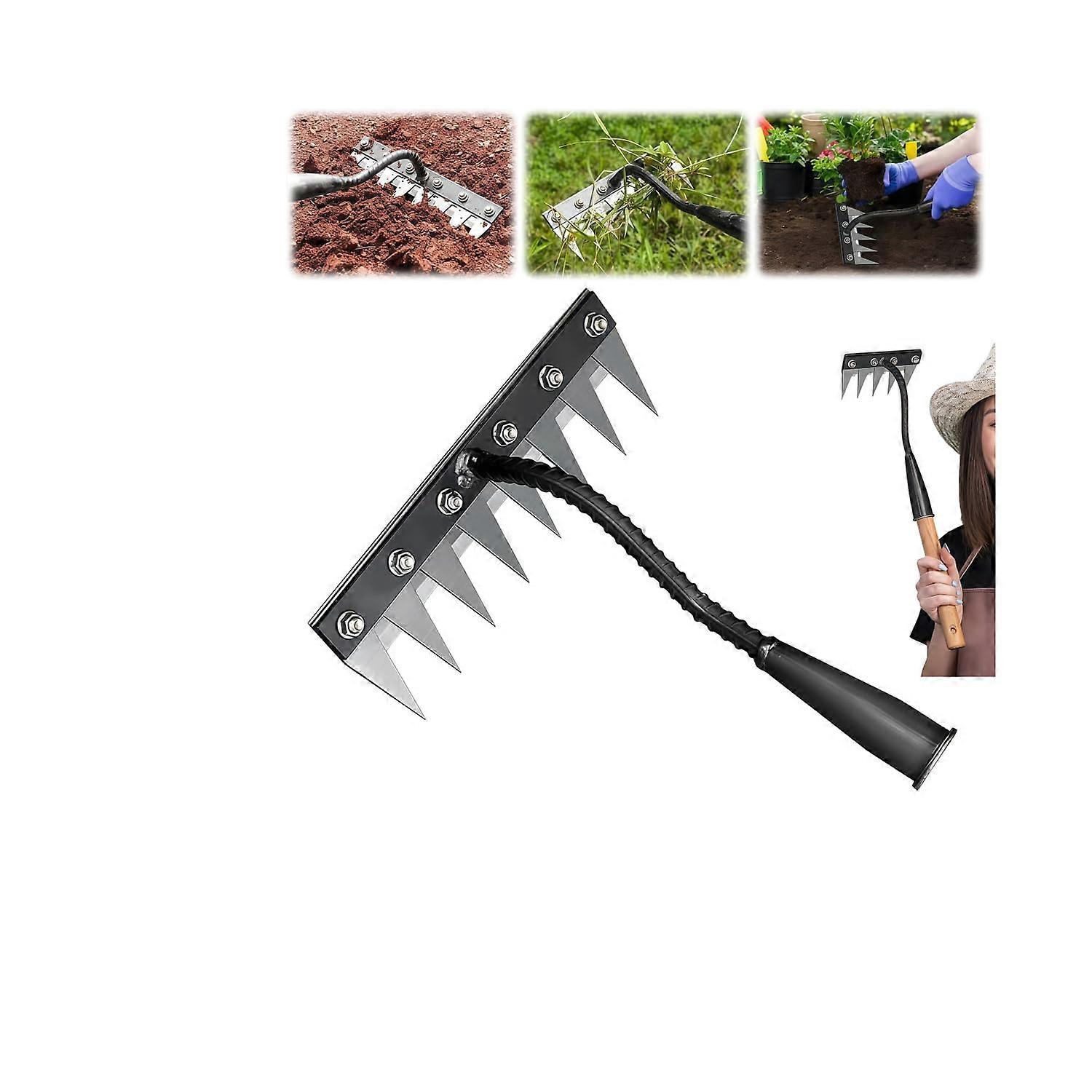 Iron Rake for Gardening and Weeding, Upgraded 8 Teeth Carbon Steel Garden Tool, Durable Weeder for Soil Cultivation