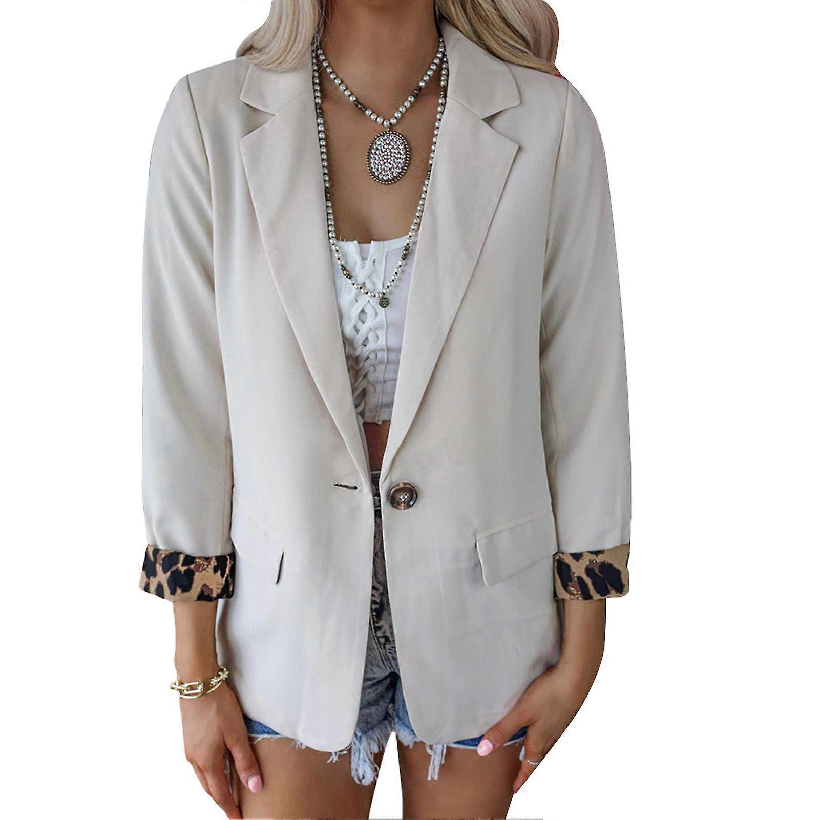 Open Front Lapel Collar Blazer Long Sleeve Leopard Cuff Casual Women's Office Jacket for Working