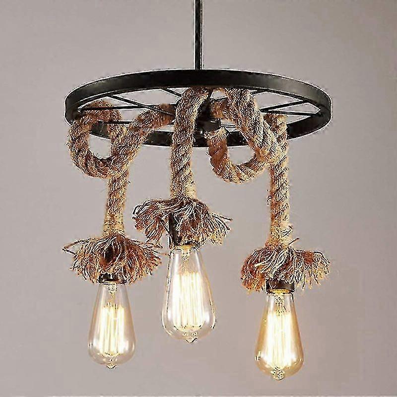 Hemp Rope Pendant Chandelier 3 Lamp E27  Retro Industrial Wheel Ceiling Lamp For Restaurant Living Room Dining Room Bar