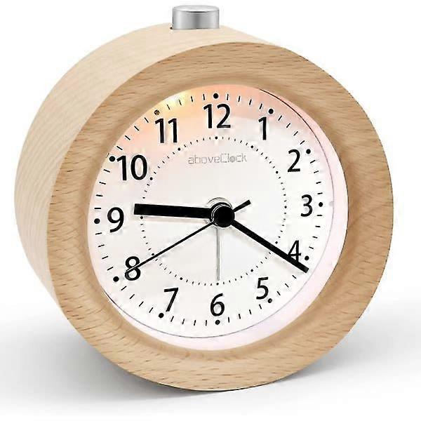 Analog alarm clock without ticking, wooden alarm clock with snooze, bedside clock with night light, retro alarm clock