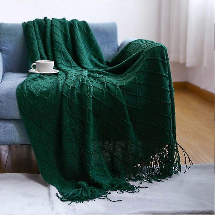 Knitted blanket tassel bedspread solid color plaid Nordic warm blanket carpet 130*200cm dark green carpet