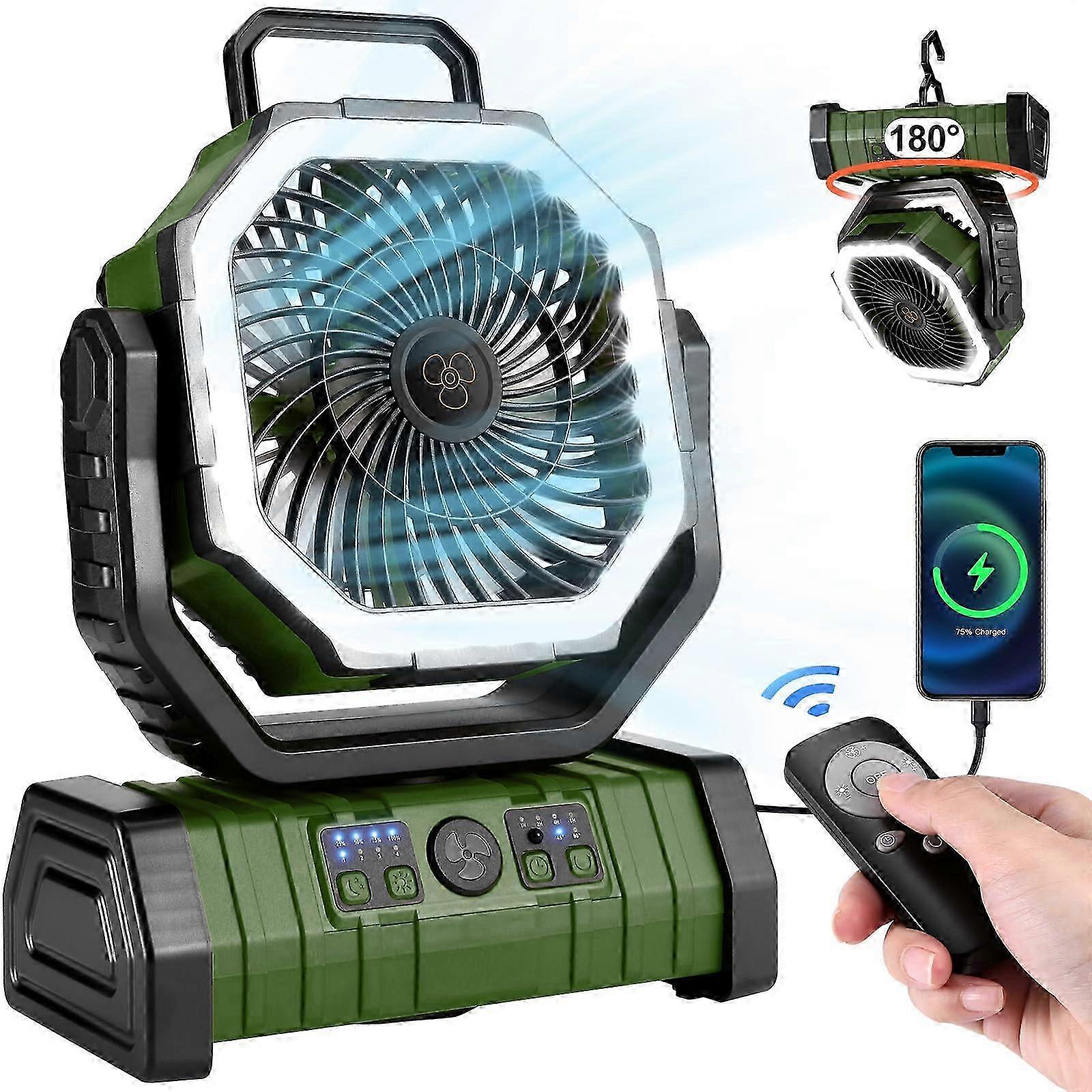 30000MAH camping fan featuring LED lantern, designed with remote control and a rechargeable hooked battery for convenience