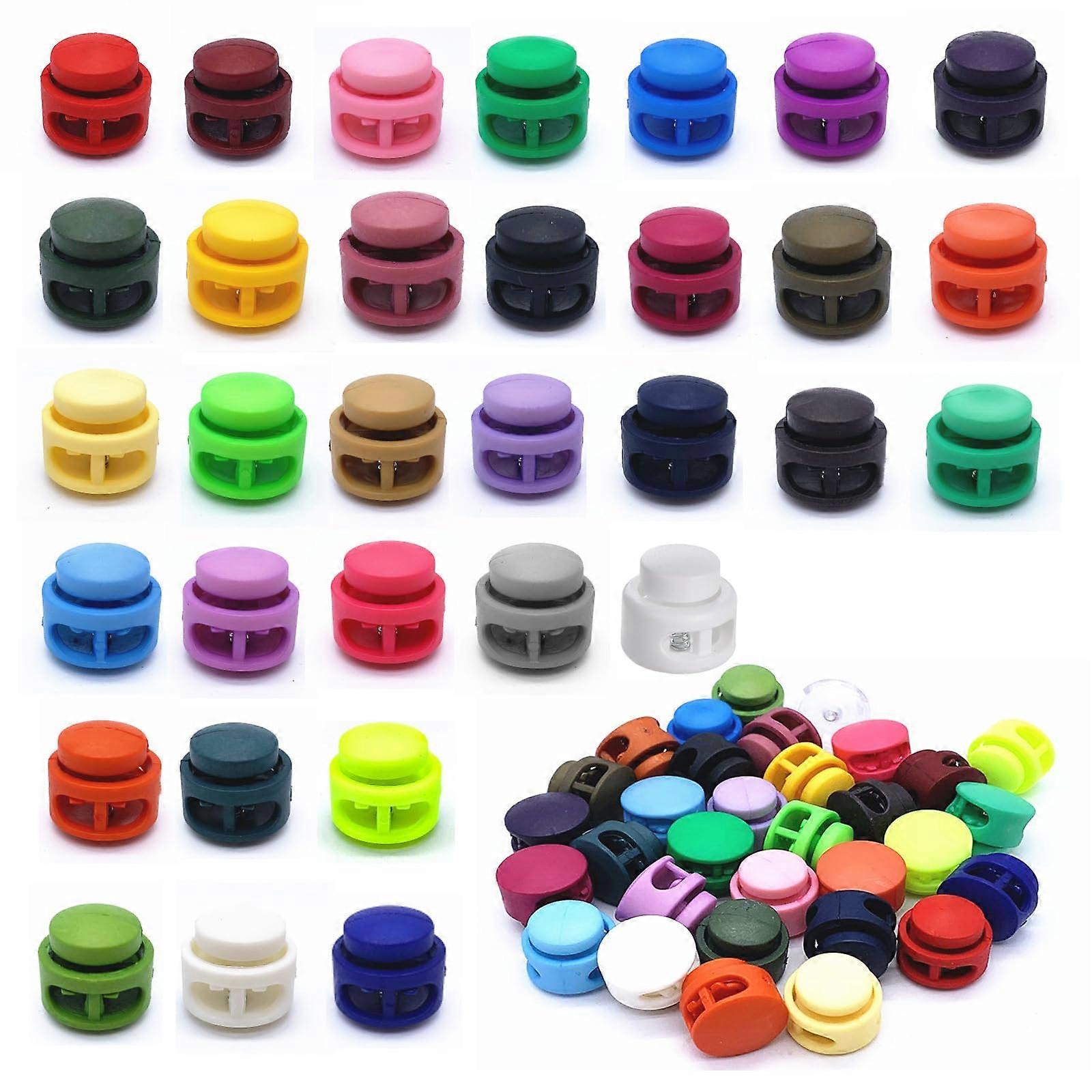 32 Pack of 2 Hole Colorful Cord Locks Plastic Clasp Cord Stoppers for Clothing, Backpacks, Laces and Rubber Cords