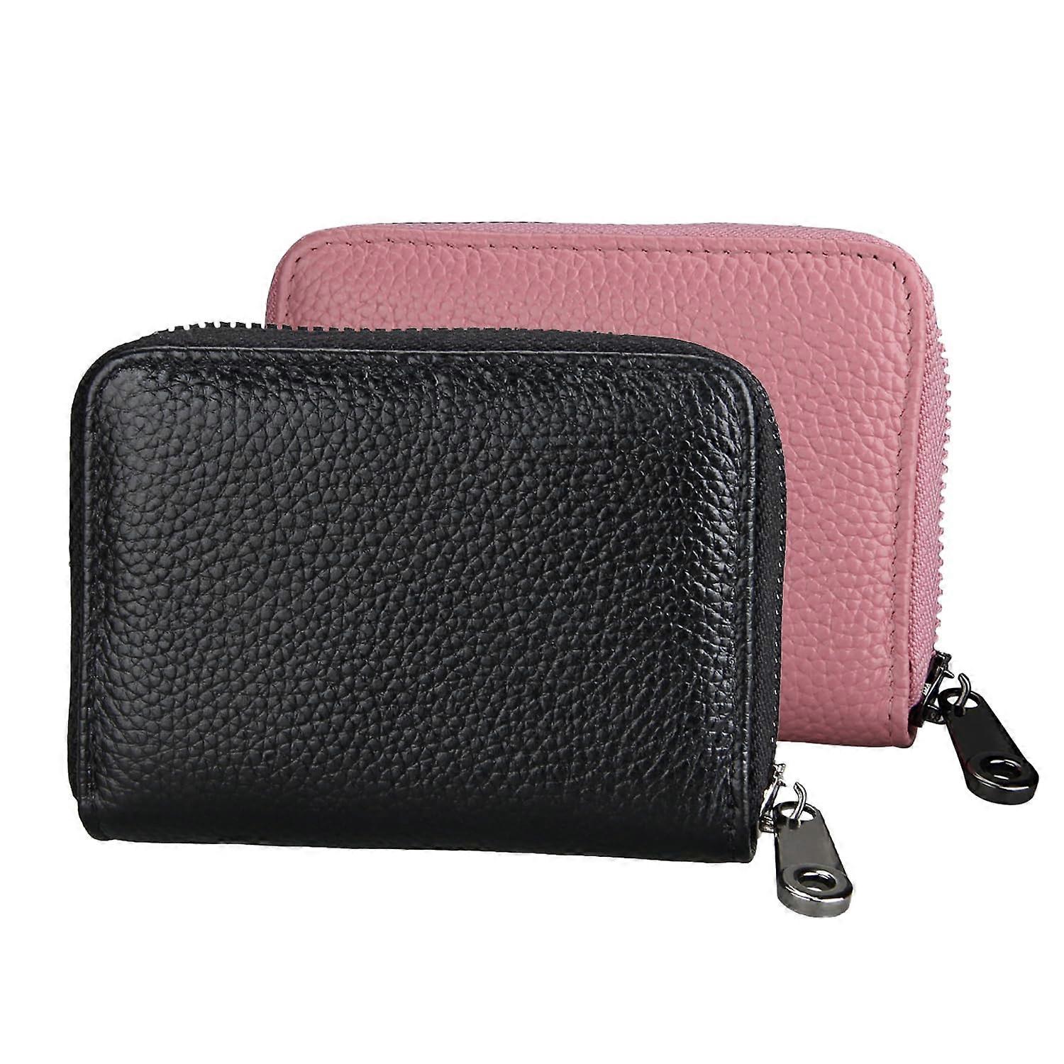 Credit Card Holder Wallet with Zip, RFID Protection, Leather Accordion Case, 2 Pack with 11 Card Slots in Black and Pink