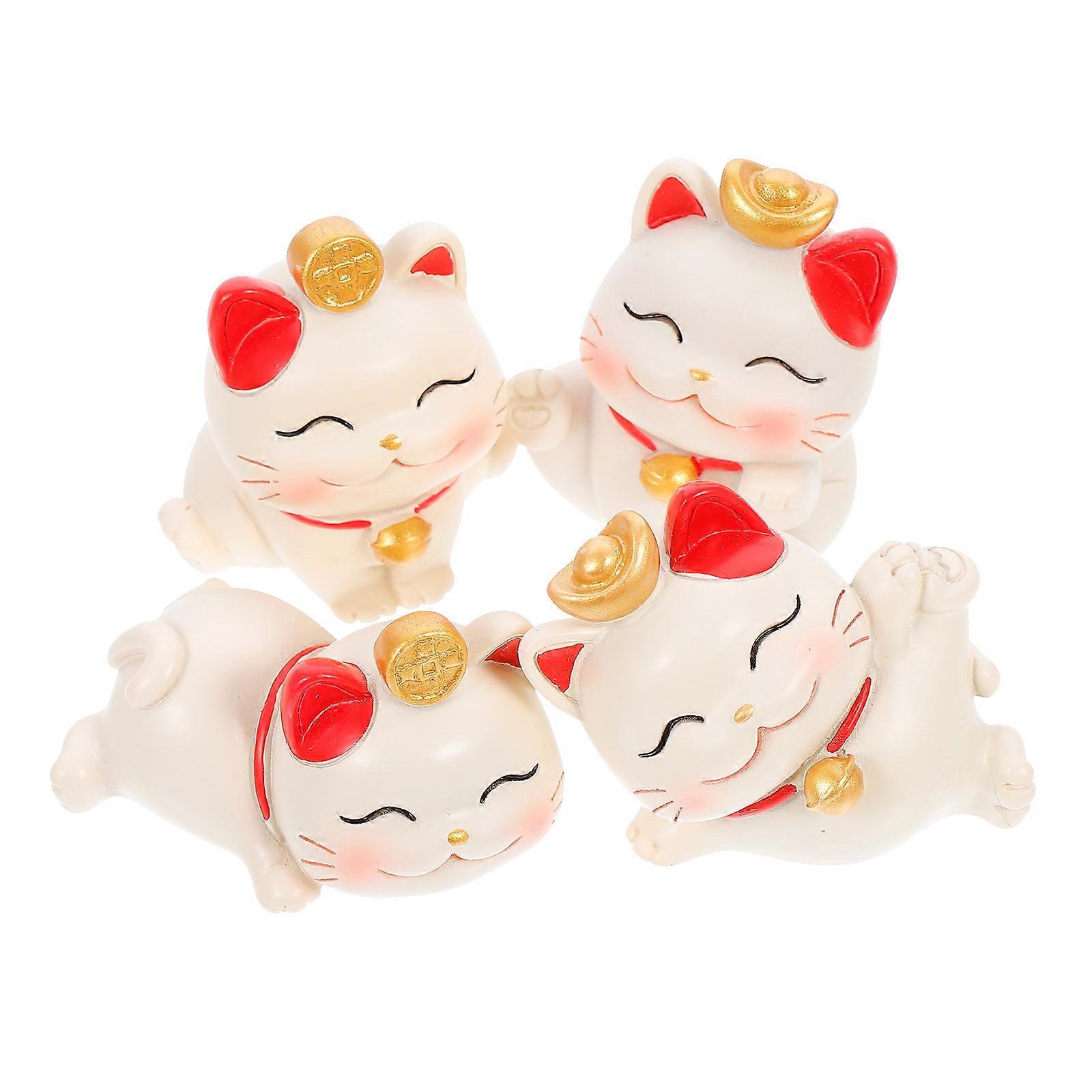 Cat Statue Cat Shape Desktop Decor Beige Resin Wealth Symbol 4Pcs