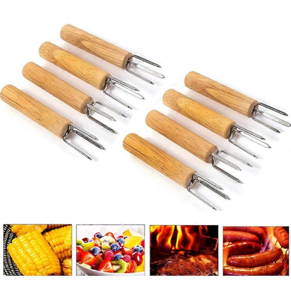 Pack of 10 Corn Forks with Wooden Handle, Stainless Steel BBQ Meat and Fruit Forks for Grill and Camping Use