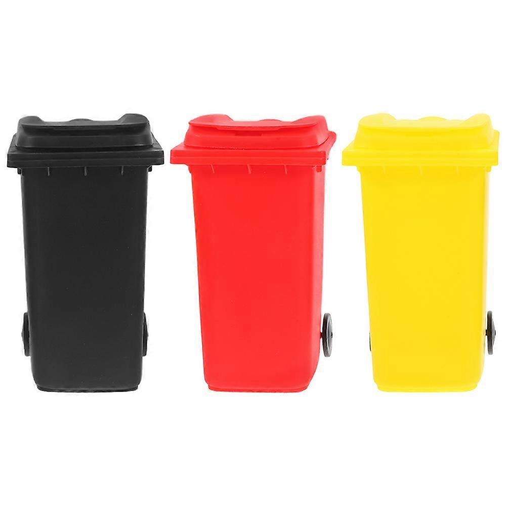 3pcs Mini Trash Can with Lids – Compact Desktop Storage Bin & Pen Holder for Office, Home, School – Small Plastic Waste Bin in Red, Yellow, Black