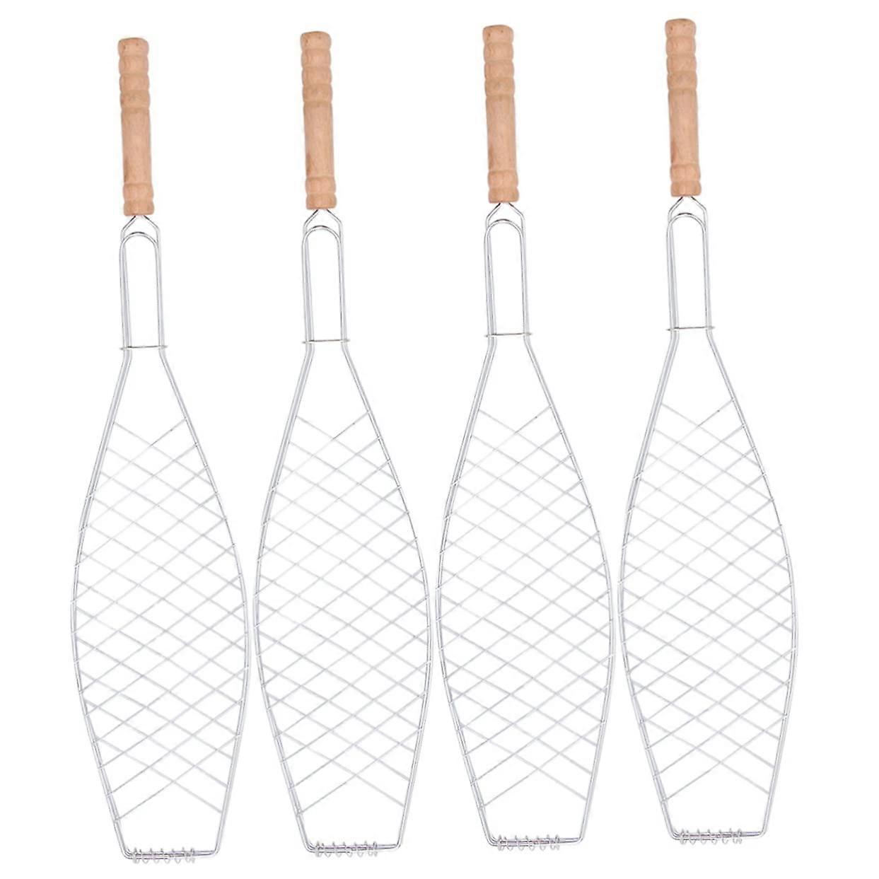 4piece Nonstick Metal Mesh Clamps Wooden Handle Grilled Fish Tool for Camping Picnic