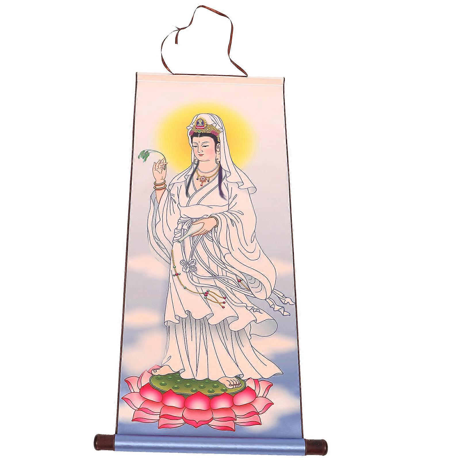 Guanyin Painting Wall Hanging Cloth and Wood Materials for Decoration 24x36 Inches