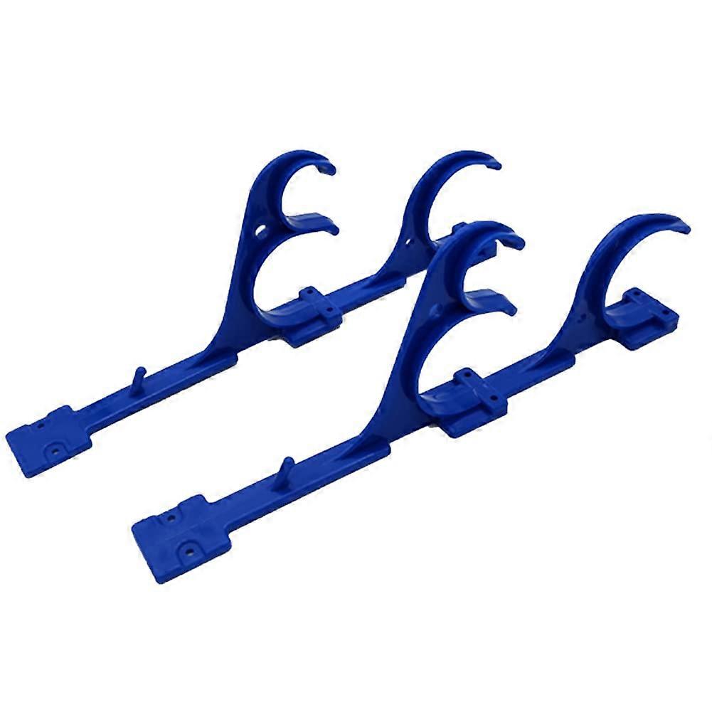 Swimming pool pole hanger set made of durable plastic with multifunctional hooks for leaf rakes, skimmers, and vacuum hoses.