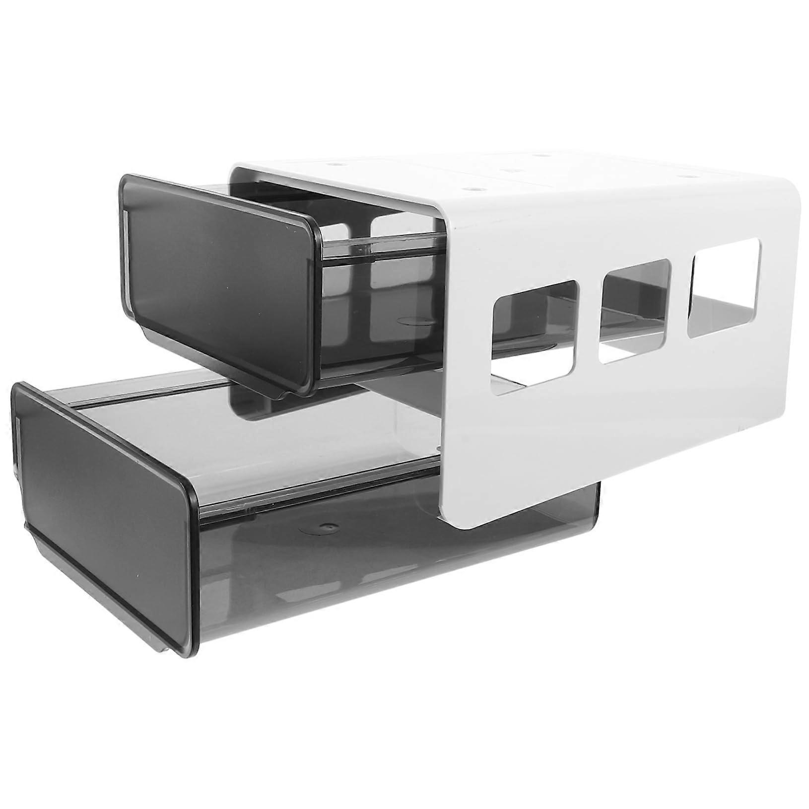 Underdesk organiser box, hidden drawer for desk, layered, transparent, for office organisation and storage of accessories.