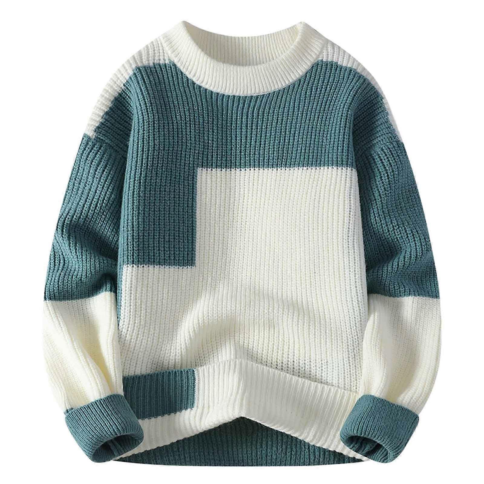 Pullover Herren Langarm Winter Sweatshirt Farbblock Patchwork 3XL Leicht Locker Strickpullover Übergangsarbeit Weiß