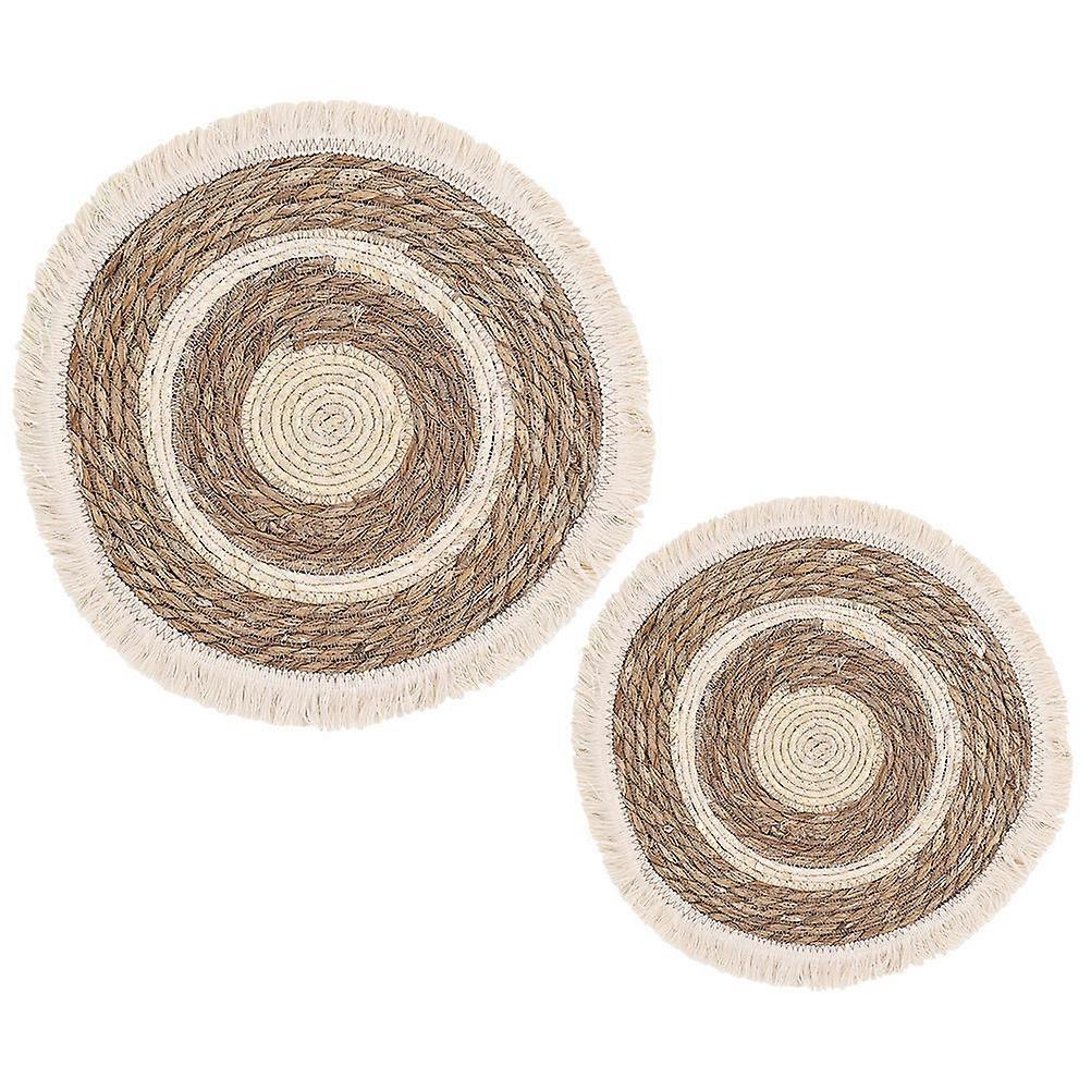 Round Woven Place Mats 2Pcs Table Protection Accessory for Dining Table 30X30X1CM Rustic Style Multi