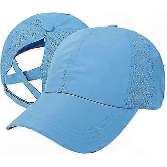 Adjustable Ponytail Baseball Caps for Women, 2-Pack Mesh Caps in Blue and White