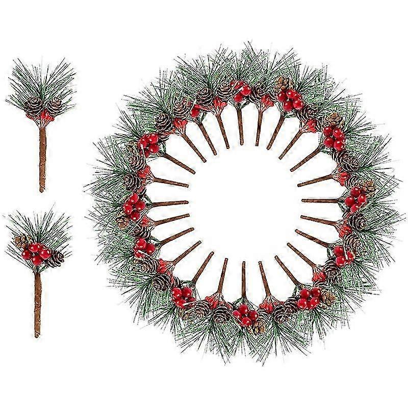 Mini rami di pino innevati con bacche rosse e pigne per ghirlande artigianali festive alla rinfusa - 20 pz