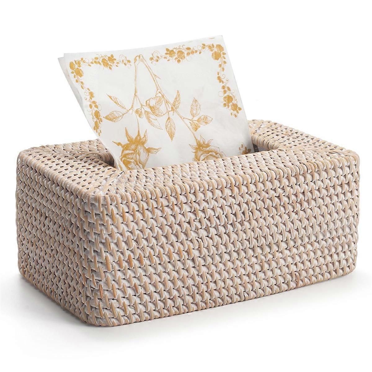 Rattan Tissue Box Cover, Rectangular Wicker Tissue Box Holder, Decorative Woven Tissue Holder for Home Office