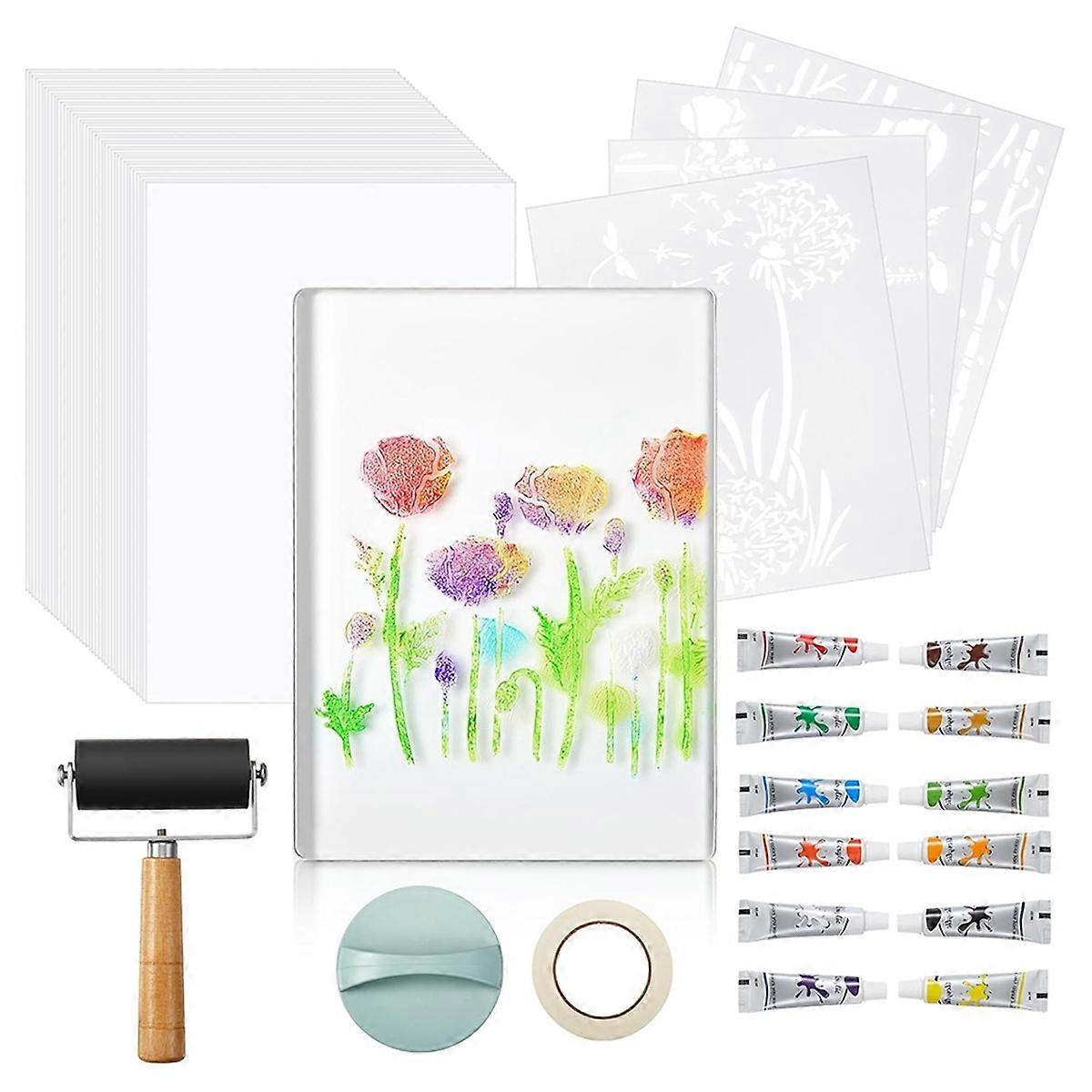 5x7 Gel Printing Plate Kit - with Acrylic Paint, Papers& Tools for Mixed Media Art, Card Making - B