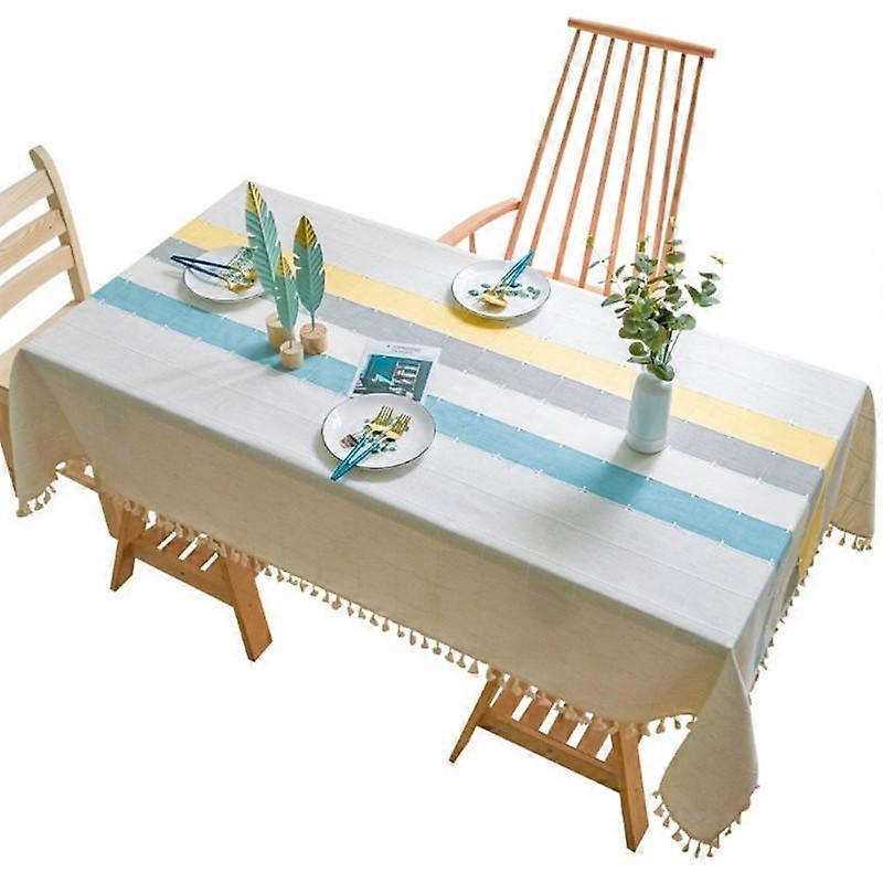 Classic Plaid Decorative Linen Tablecloth With Tassel Waterproof Rectangular Dining Table Cover