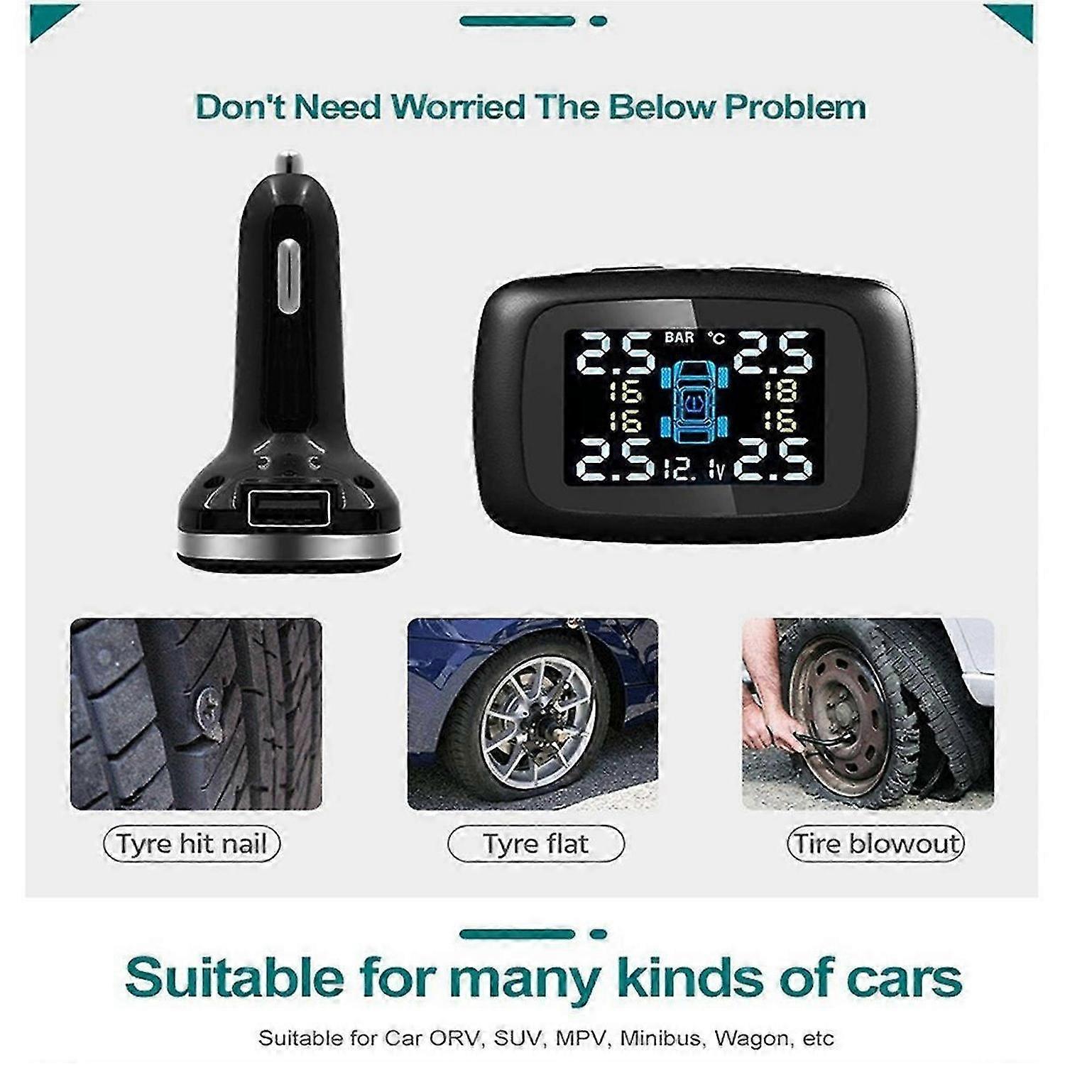 TPMS Car Charger Tpms Sensor Tire Pressure Monitoring System Auto Tire Air Pressure Security Alarm 4 Sensors External