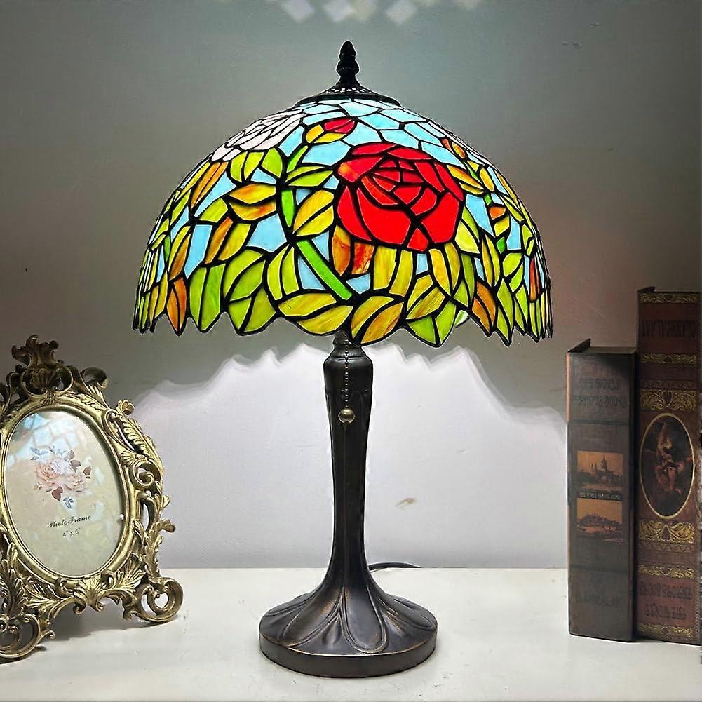 Style Stained Glass Table Lamp, 12Inch Glass Tulip Rose Lampshade, Zip Switch Base, 18Inch Tall Night Light, Red Rose