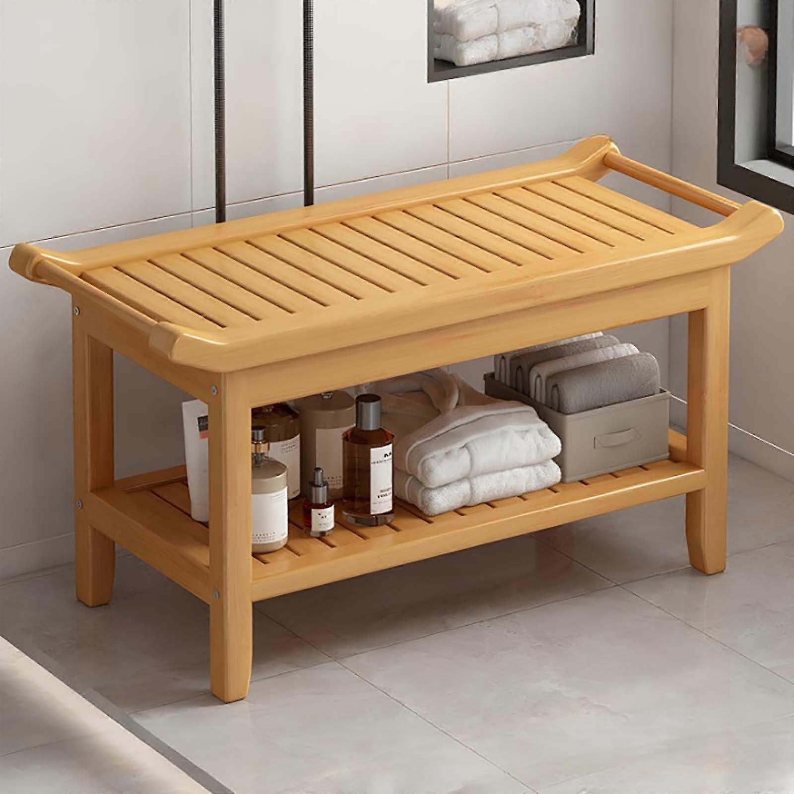 Bamboo Shower Bench With Storage Shelf, Shoe Rack, Changing Stool With Handles For Indoor Outdoor Use, Flat Type B 80cm