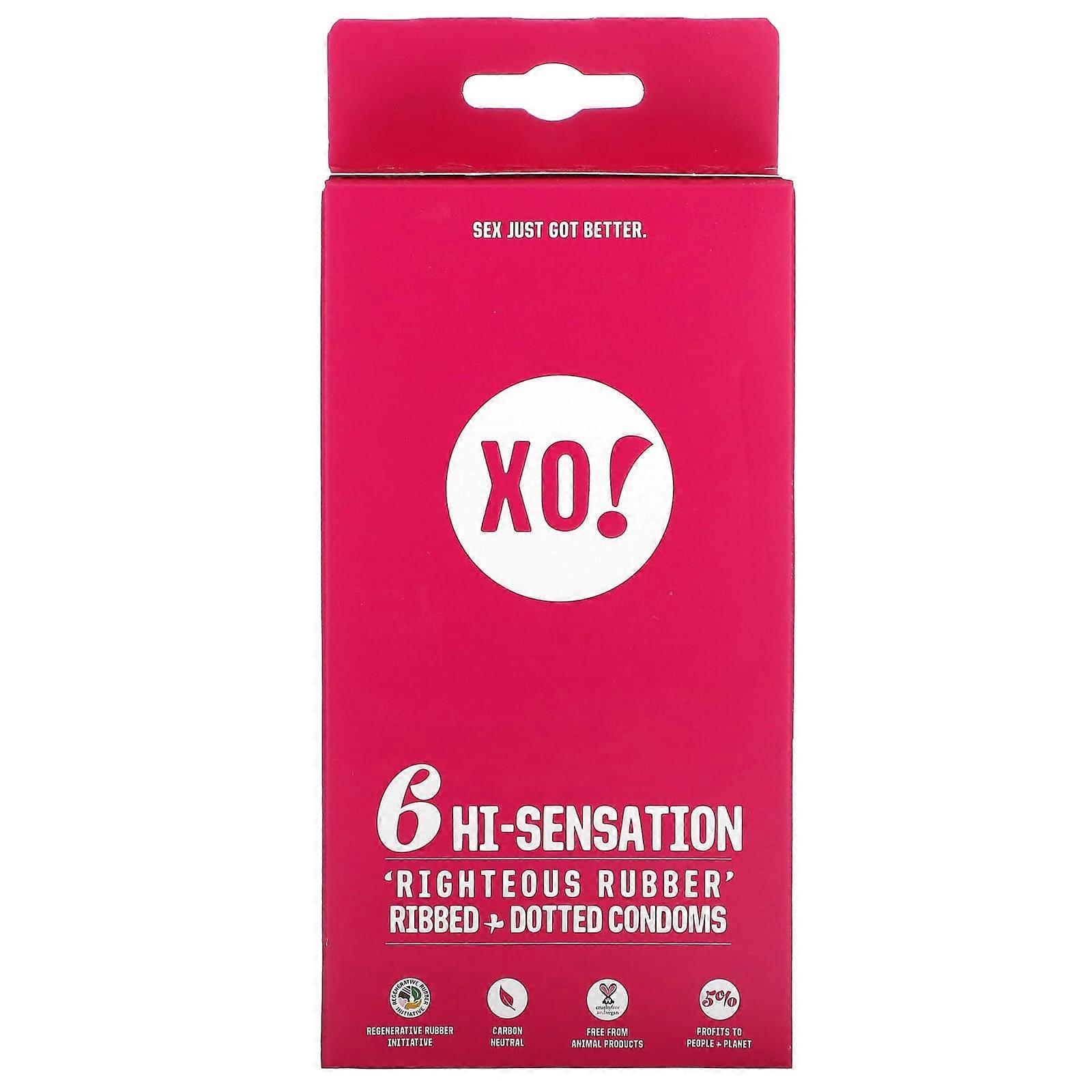 XO! Righteous Rubber Ribbed + Dotted Condoms, Unscented, 6 Condoms