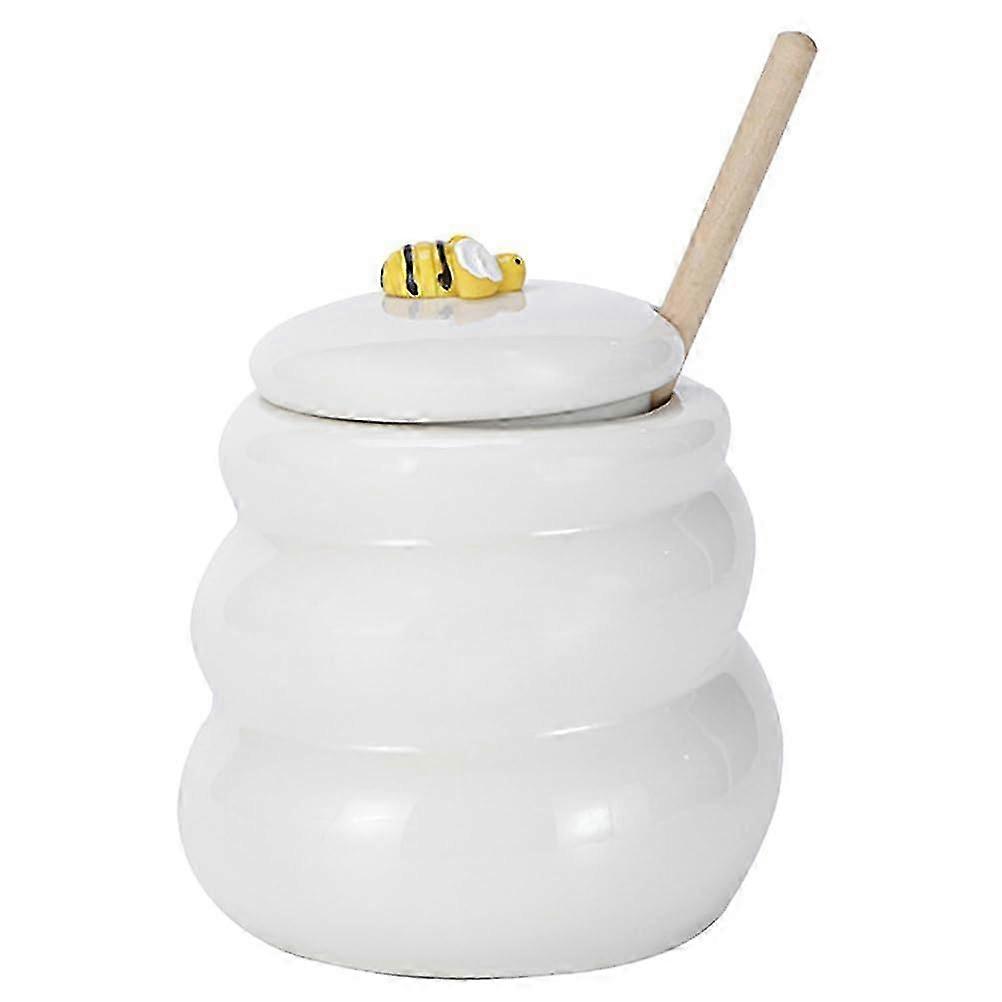 Honey Container with Wooden Dipper, 400ml Honey Pot with Dipper, Porcelain Honey Jar Honey Dispenser Bee Honey Container Set for Kitchen 25-