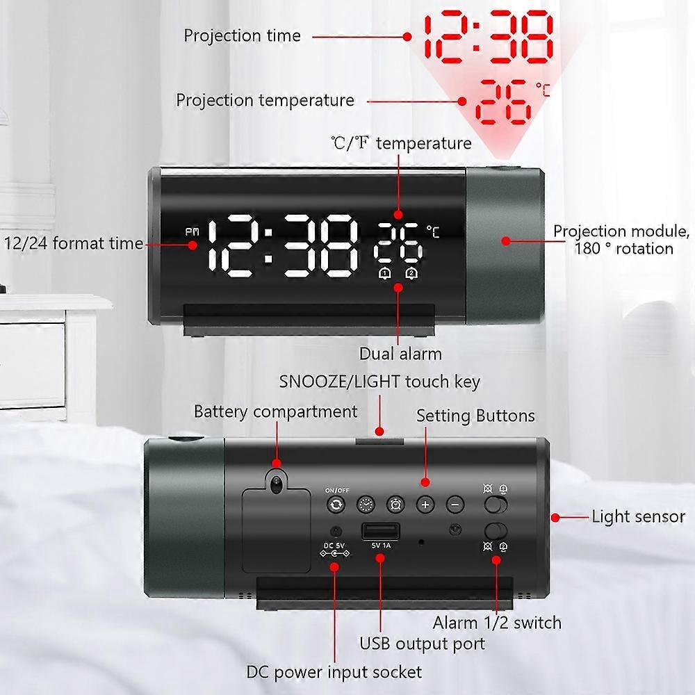 Projection Alarm Clock, Digital Clock with 180° Rotatable Projector, 4-Level Brightness Dimmer, Clea