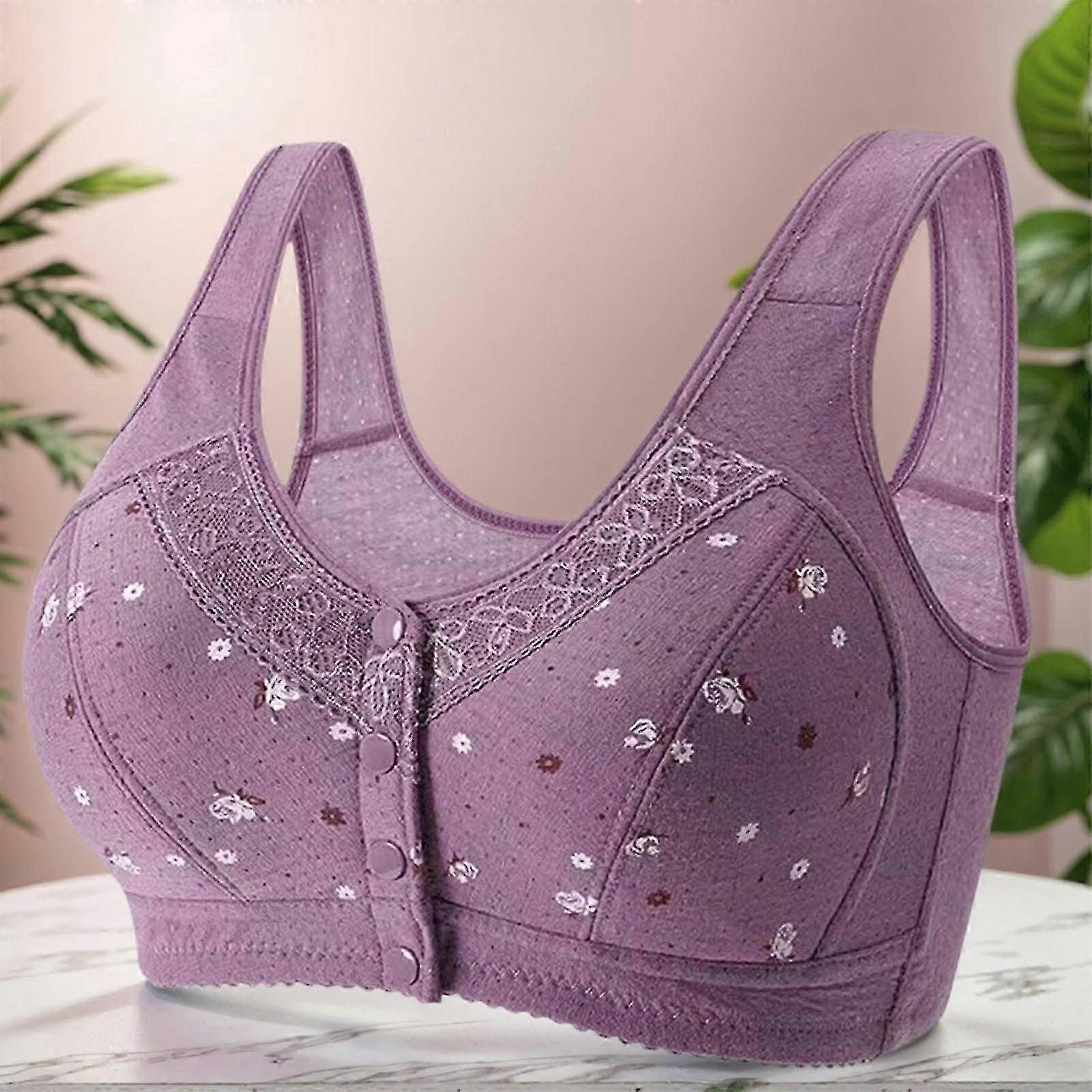 Elegant Floral Print Wirefree Bra without Underwire for Older Women Front Button Closure Full Coverage Soft Brassiere Bean paste color 40 90